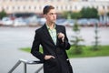 Young handsome business man in black blazer and checked shirt Royalty Free Stock Photo