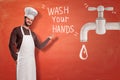 A young handsome chef on the left pointing at the `Wash Your Hands` title in the centre, with a big grey tap on the