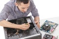 young handsome computer specialist repairing computer with full