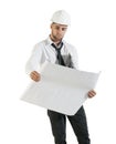 Young handsome construction technician reading drawing plans on white Royalty Free Stock Photo