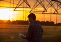 Farmer with tablet in field at sunset Royalty Free Stock Photo