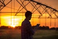 Farmer with tablet in field at sunset Royalty Free Stock Photo