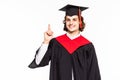 Young handsome graduated man holding degree over isolated background serious face have idea Royalty Free Stock Photo