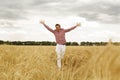 Young handsome happy man standing in wheat field spreading his arms up Royalty Free Stock Photo