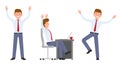 Young, handsome, happy office man in formal wear jumping, sitting, standing hands up, having fun