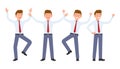 Young, handsome, happy office man in formal wear jumping, standing hands up, having fun.