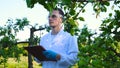 A young handsome male biologist or agronomist, working in a tablet, wearing a white coat, wearing goggles, wearing blue rubber g