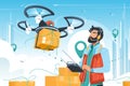 Young handsome man with beard controls drone delivery