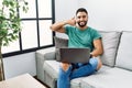 Young handsome man with beard using computer laptop sitting on the sofa at home smiling doing phone gesture with hand and fingers Royalty Free Stock Photo