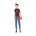 Young Handsome Man in Casual Clothes Standing with Laptop in His Hands, Computer Programmer Character Vector Royalty Free Stock Photo