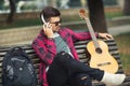 Young handsome man with headphones listening to music Royalty Free Stock Photo