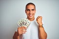 Young handsome man holding dollars over white isolated background screaming proud and celebrating victory and success very Royalty Free Stock Photo