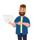 Young handsome man holding laptop computer and smiling while standing. Laptop computer concept illustration. Vector illustration.
