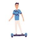 Young handsome man riding an giroboard, modern outdoor transport, standing pose. People riding electric. Design for rent