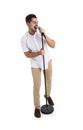 Young handsome man singing in microphone on white Royalty Free Stock Photo