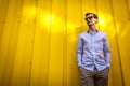 Young handsome man in sunglasses stands against yellow wall outdoors waiting. Summer stylish outfit. Royalty Free Stock Photo