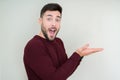 Young handsome man wearing a sweater over isolated background Pointing to the side with hand and open palm, presenting ad smiling