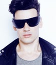 Young handsome modern man in sunglasses like robot, lifestyle fashion style people concept