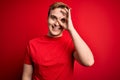 Young handsome redhead man wearing casual t-shirt over isolated red background doing ok gesture with hand smiling, eye looking Royalty Free Stock Photo