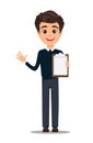 Young handsome smiling businessman in smart casual clothes holding blank clipboard