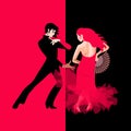 Young handsome Spanish man in black suit and red-haired girl in long red dress, with fan in hand, dancing flamenco