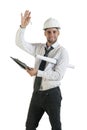 Young handsome supervisor making hand gesture on white Royalty Free Stock Photo