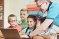 Young handsome teacher with group of clever children working with laptop during a lesson Royalty Free Stock Photo