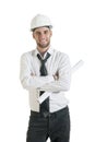 Young handsome technician holding rolled drawing plans on white