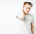 young handsome teenage hipster guy posing emotional, happy smiling against white background isolated, lifestyle people Royalty Free Stock Photo