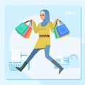 Happiness joyful shopaholic stylish fashionable hijab muslim woman at retail mall store carrying shopping bags