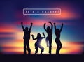 Young happy active people silhouettes and sunset sky. Royalty Free Stock Photo