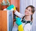 Young happy adult brunette dusting with cleanser Royalty Free Stock Photo