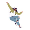 Young happy african american woman in green sweater and blue jeans jumping and laughing fun
