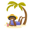 African woman lying on the beach under the palm.