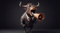 Young happy amazed excited bull in suit announcement with megaphone. Generative ai