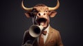 Young happy amazed excited bull in suit announcement with megaphone. Generative ai