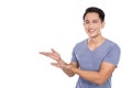 Young happy asian man smile to the camera, prensenting hand gest Royalty Free Stock Photo