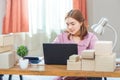 Young happy asian online business woman working on her computer Royalty Free Stock Photo