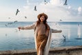 Happy asian woman with hands in the air walks on the seaside in autumn. Seagulls flying on the beach. Royalty Free Stock Photo