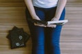 Young happy asian woman looking photo album at home,Memory time photos,Top view Royalty Free Stock Photo