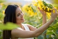 Young happy Asian woman smiling and looking at sunflower in the Royalty Free Stock Photo