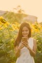 Young happy Asian woman smiling while using mobile phone in the field of blooming sunflowers Royalty Free Stock Photo