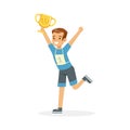 Young happy athletes boy running with winner cup, kid celebrating his victory cartoon vector Illustration Royalty Free Stock Photo