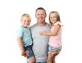 Young happy and attractive American man holding his two children a 7 years old lovely beautiful daughter and her little 3 years ol Royalty Free Stock Photo