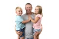 Young happy and attractive American man holding his two children a 7 years old lovely beautiful daughter and her little 3 years ol Royalty Free Stock Photo