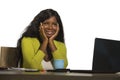 Young happy and attractive black Afro American business woman smiling cheerful and confident working at office computer desk relax Royalty Free Stock Photo