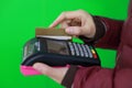 Young happy Beautiful Woman hand with credit card swipe through terminal for sale