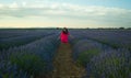 Young happy and beautiful Asian Japanese woman in Summer dress enjoying nature free and playful outdoors at purple lavender Royalty Free Stock Photo