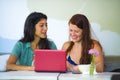 Young happy and beautiful caucasian and latin women working at office cafe with laptop computer discussing as digital business