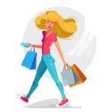 Young happy blond girl walking with bags after shopping vector illustration, funny cartoon young woman discount sale customer,
